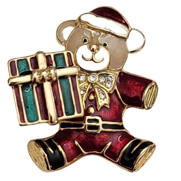 Red Green Enamel Clear Rhinestone Christmas Bear With Gift Trembler Brooch, K826 - Picture 10 of 10